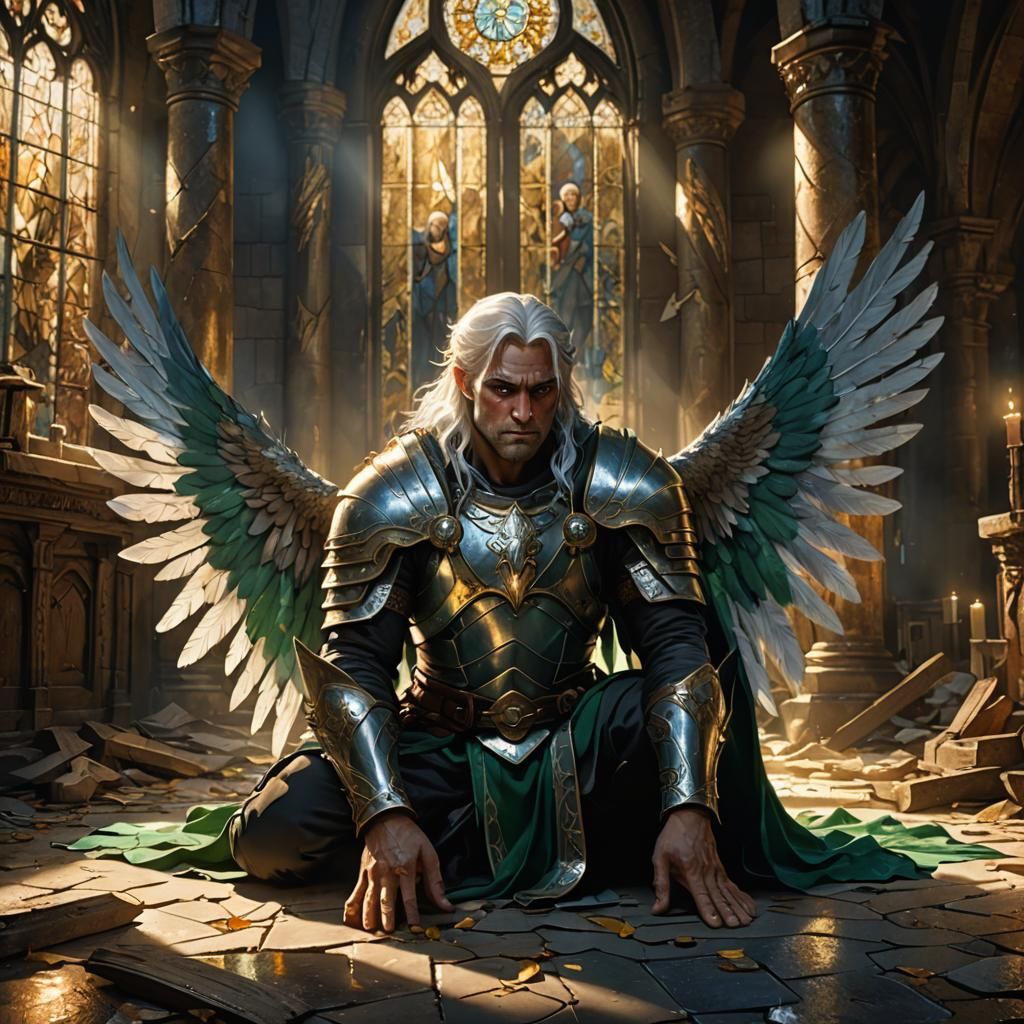 Fallen Aasimar Barbarian in Dilapidated Chapel