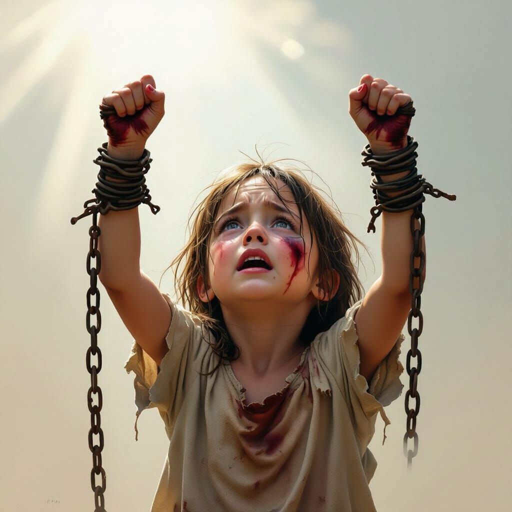 Distressed Girl with Broken Chains in Ethereal Light