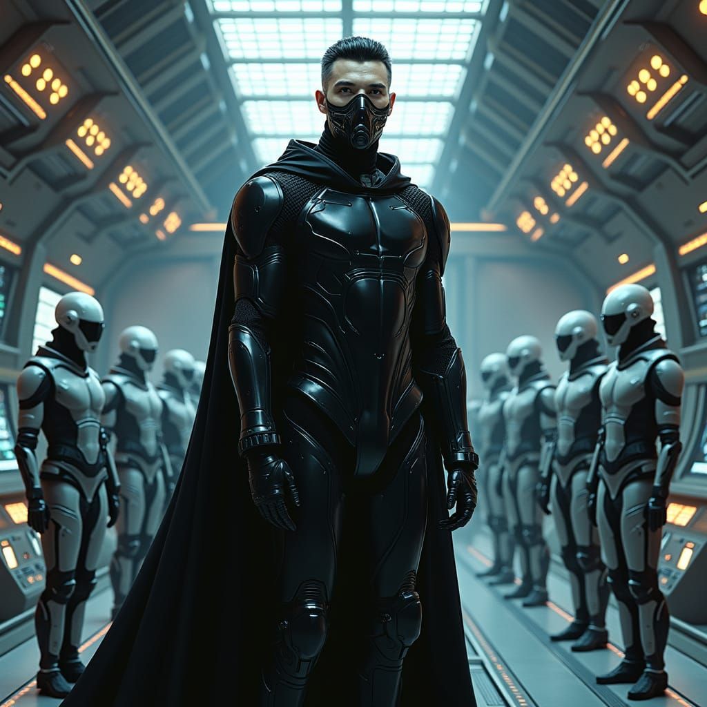 Confident Futuristic Leader on Star Cruiser Bridge