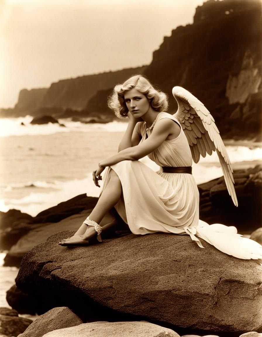 1900s photograph Blonde winged angel in simple dress sitting on a rock on an ocean beach. Sepia tone monochromatic
