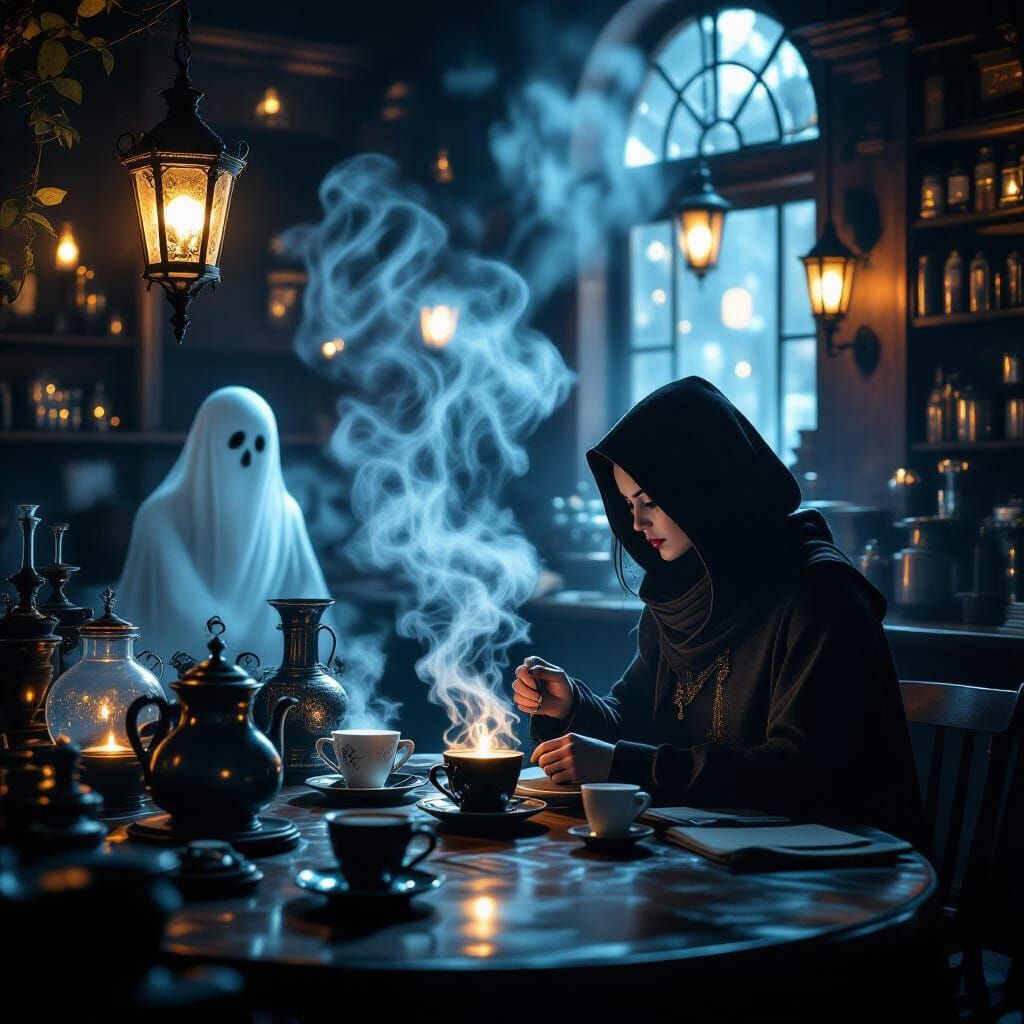 Ghostly Steam Coffeehouse in Dark Atmospheric Style