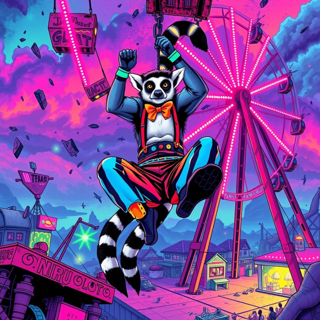 Rainbow Lemur Soars in Neon-Lit Carnival Dreamscape