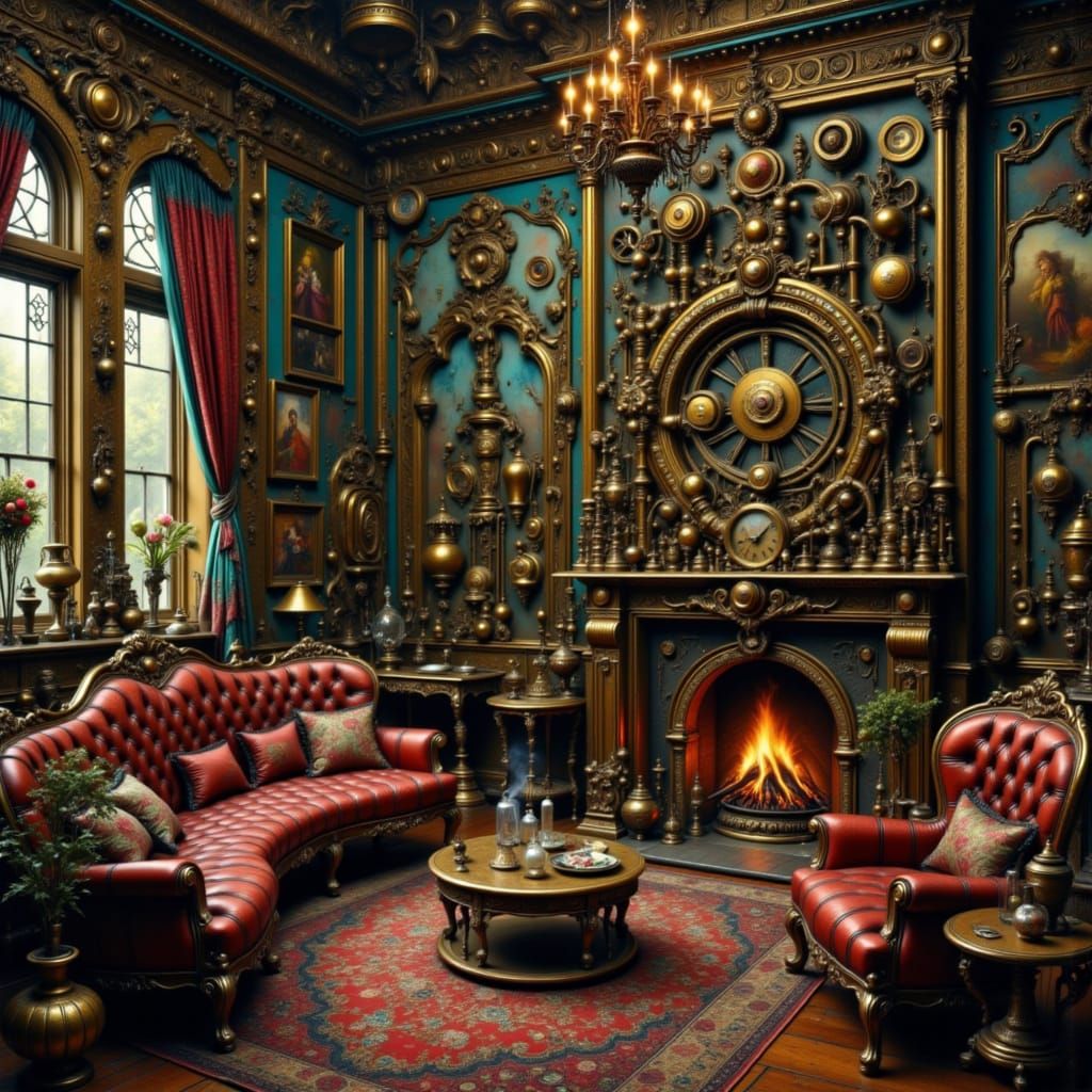 Victorian Steampunk Sitting Room with Intricate Contraptions
