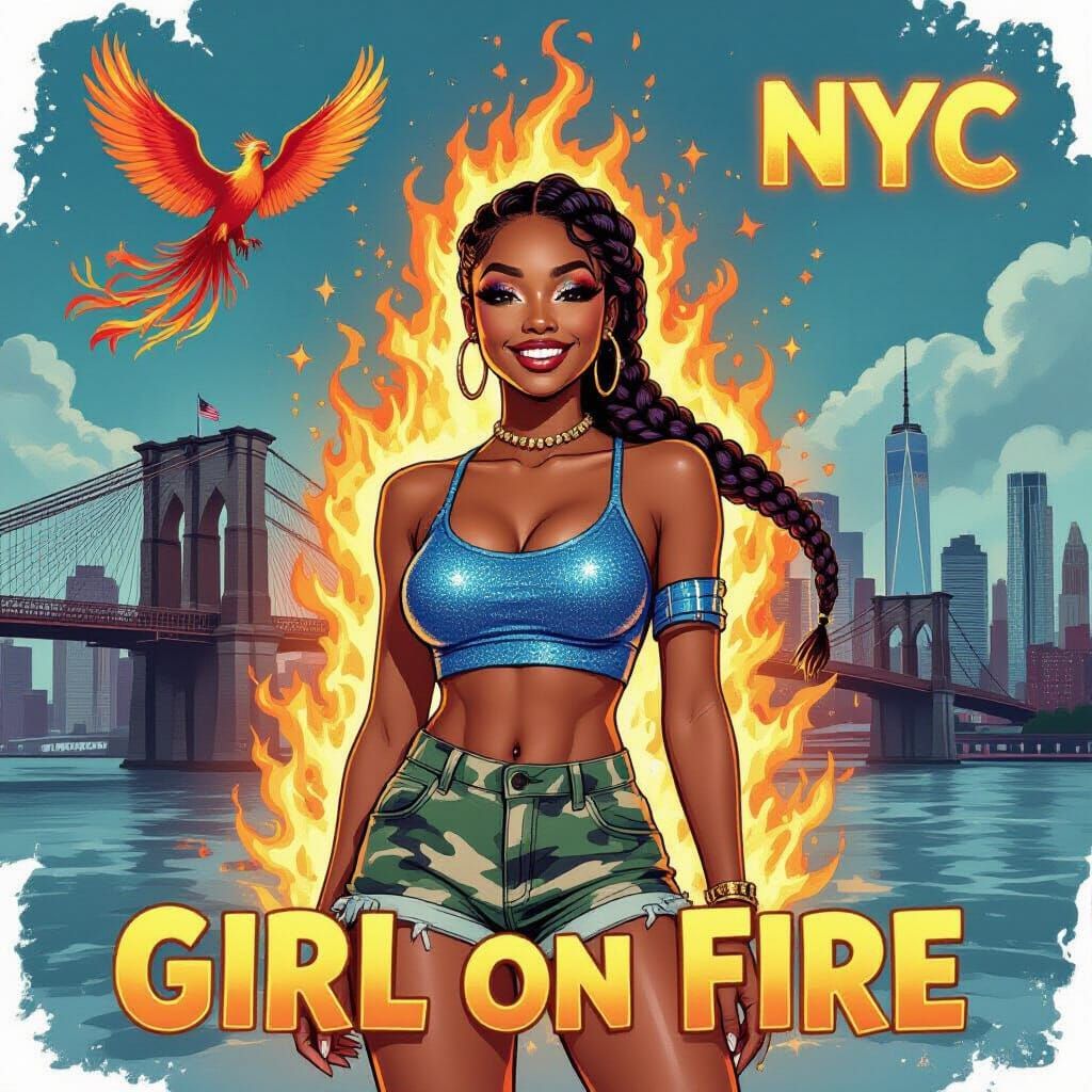 Fiery Woman in NYC, Whimsical Illustration