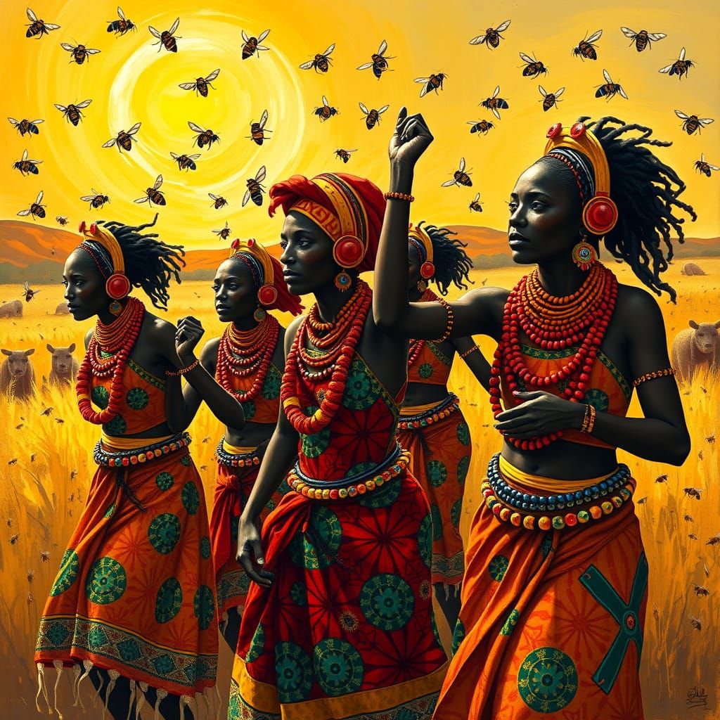 African Tribal Women Dancing with Bees in Vibrant Ritual Cer...