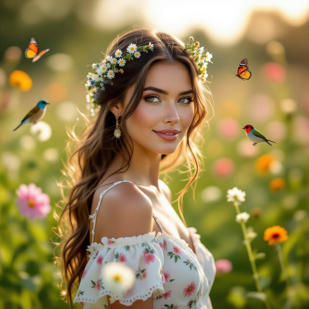 A serene woman with flowing hair adorned with flowers stands...