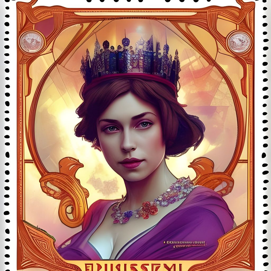 Queen Portrait Postage Stamp in Art Nouveau Style