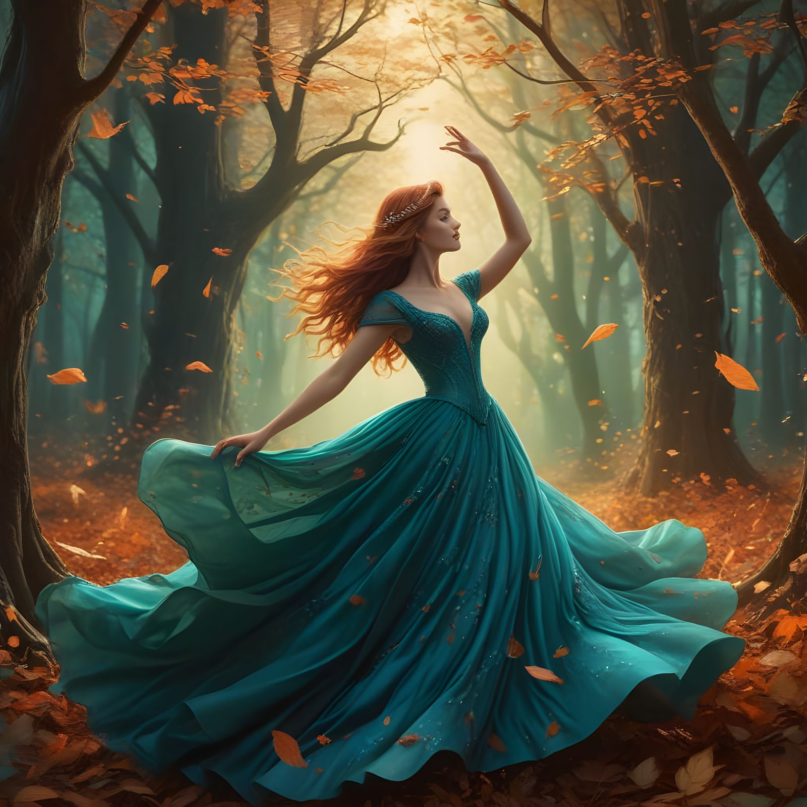 Fairytale Woman Dancing in Enchanted Forest with Falling Lea...