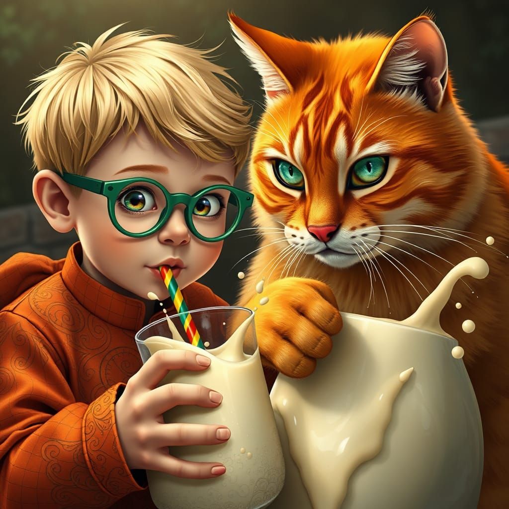 Whimsical Boy and Cat Share Milk, Dreamlike Illustration