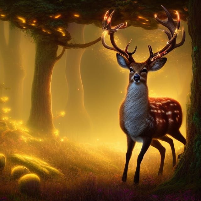 Fluffy Deer Portrait in Magical Forest