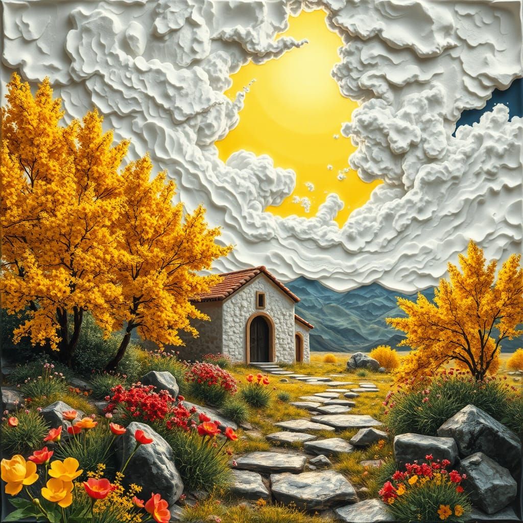 Textured Relief Painting of Adobe Chapel in Autumn