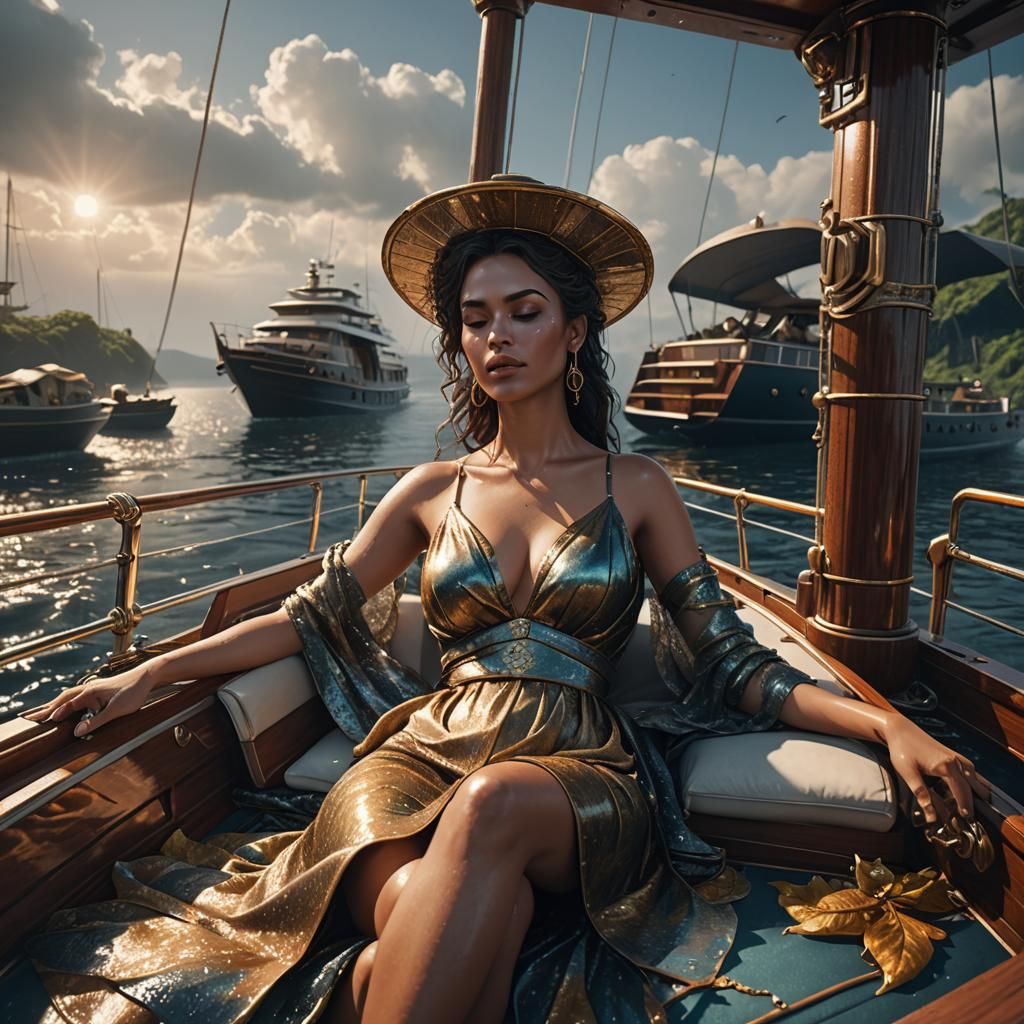 Luxury Woman Sunbathing on Boat: Detailed Matte Painting