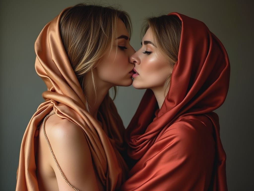 Women Kissing Wrapped in Satin Scarves