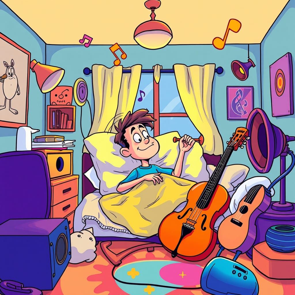 Vibrant Cartoon Wake-Up Scene in Technicolor Style