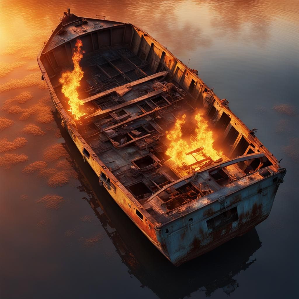 Burning Derelict Boat at Sunset: Photorealistic Detail