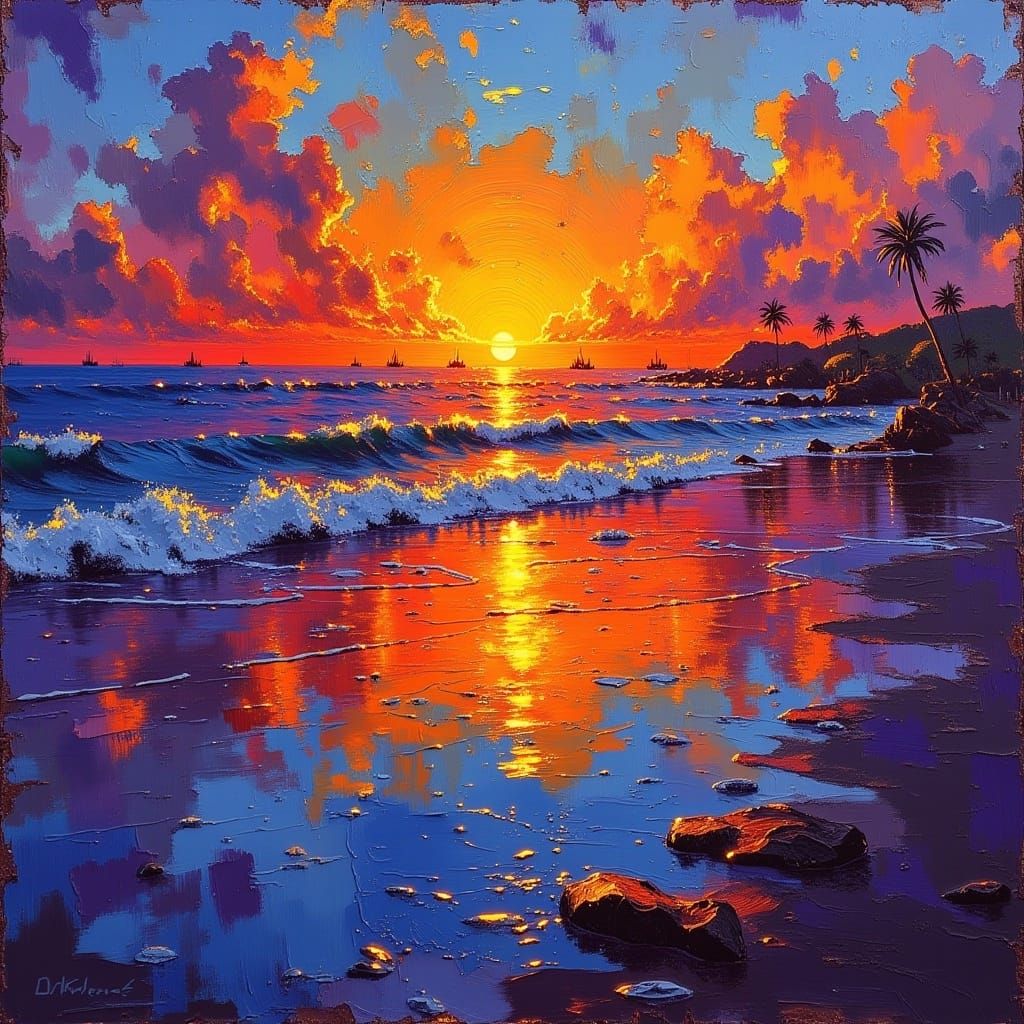 Neo-Impressionist Sunset Beach Oil Painting