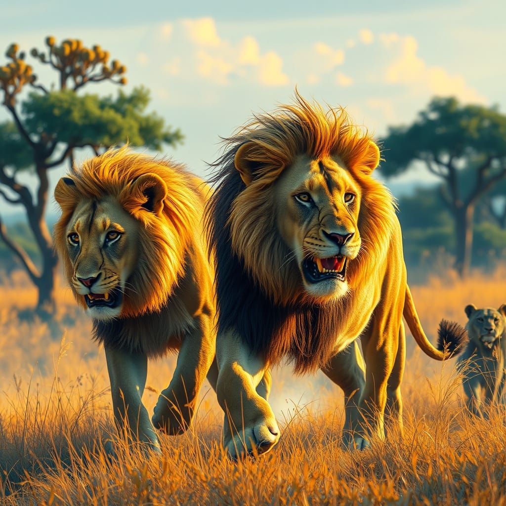 Tawny Lions Roam the Golden Savannah in a Vibrant, Stalenhag...