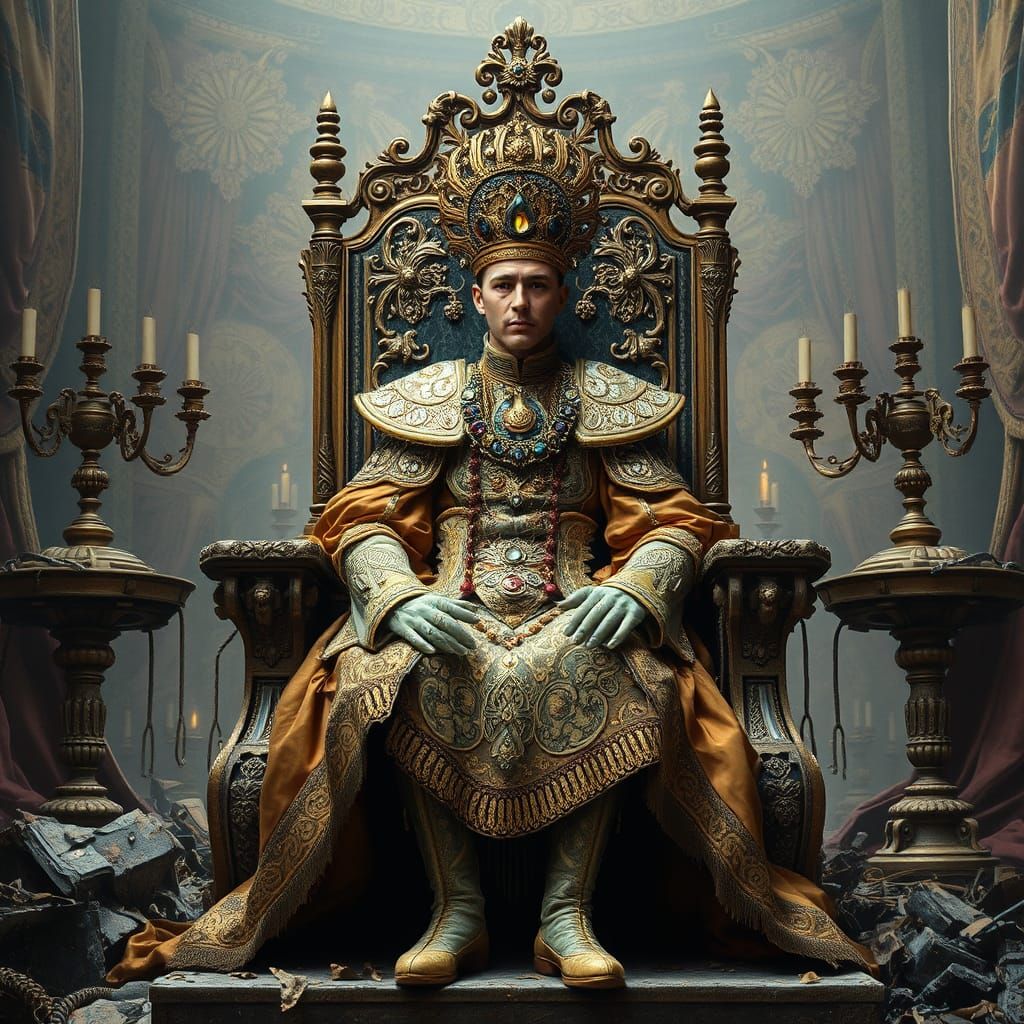 Regal Figure Amidst Ruins in Dystopian Style