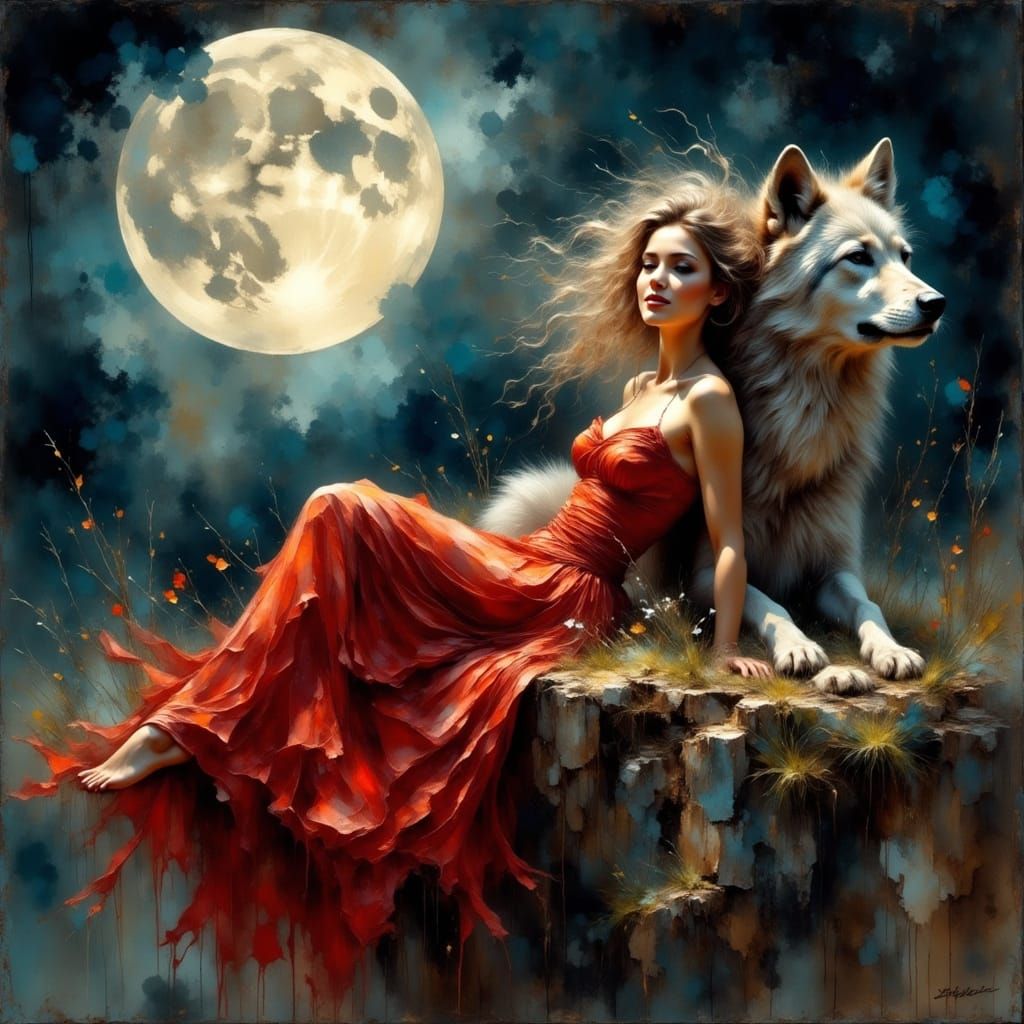 Woman and Wolf under Moonlight in Impressionist Style