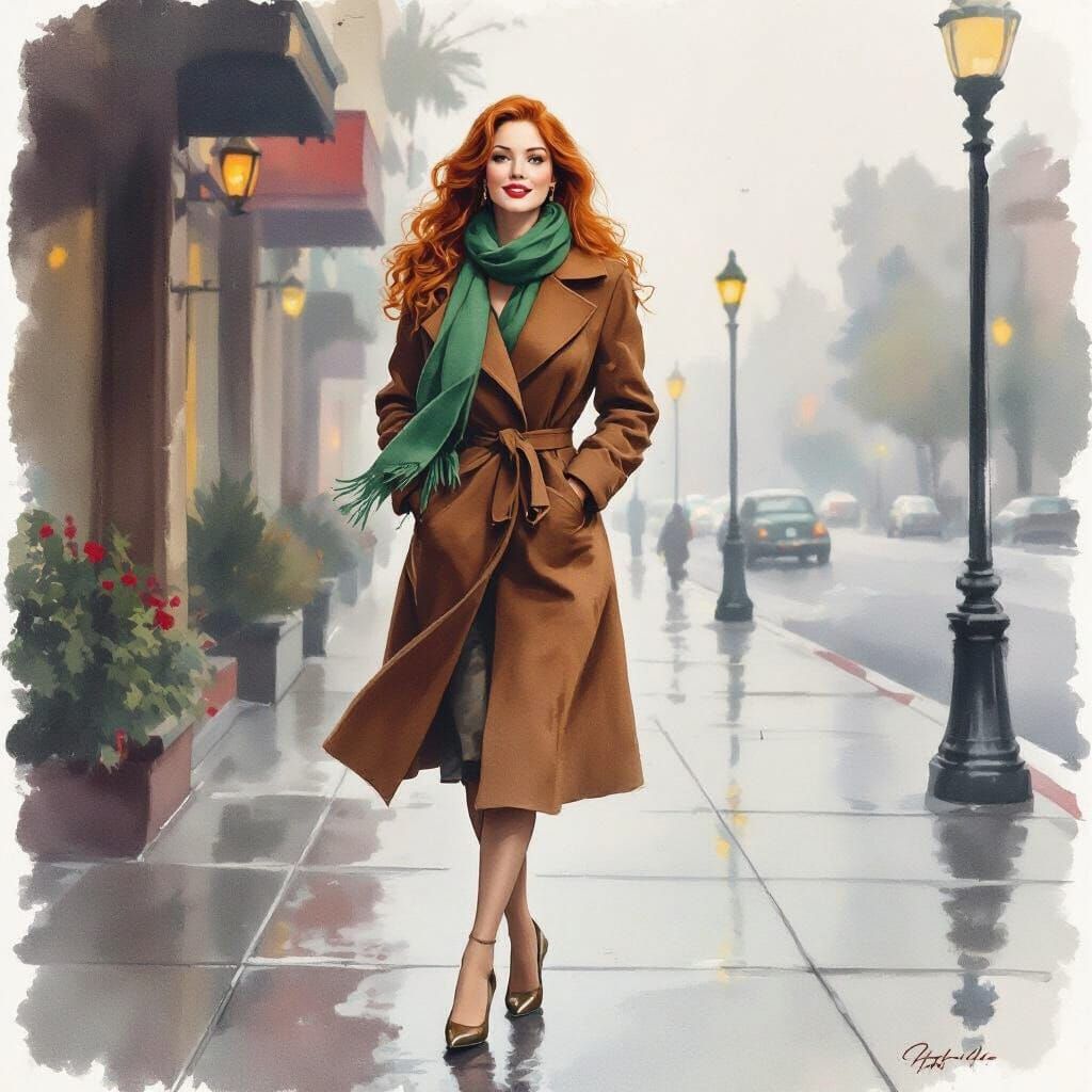 Impressionistic Watercolor of Woman Walking in San Diego