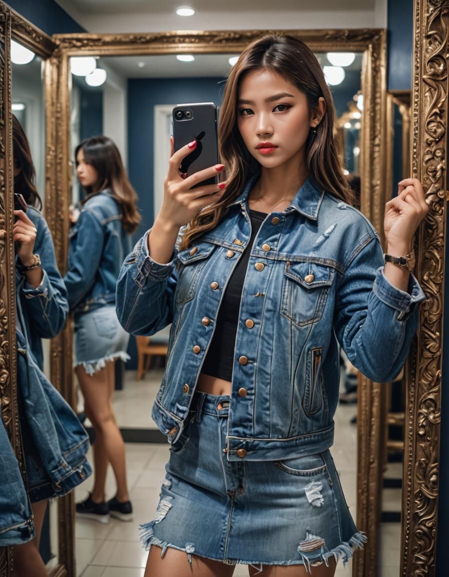 Denim Fashion Mirror Selfie in Aesthetic Room