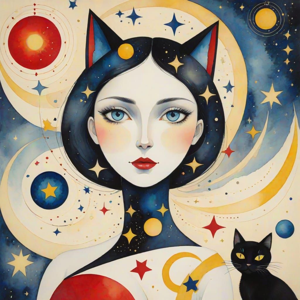 Woman and Cat in Whimsical Orbit, Surreal Watercolor