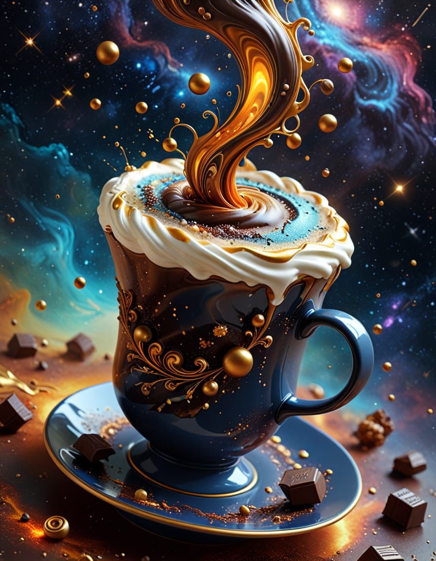 Surreal Coffee Sculpture Levitates in Cosmic Nebula