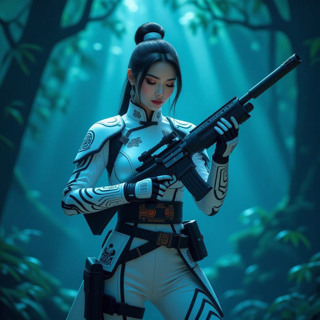 Woman in Fusion Suit with Gun in Moonlit Forest