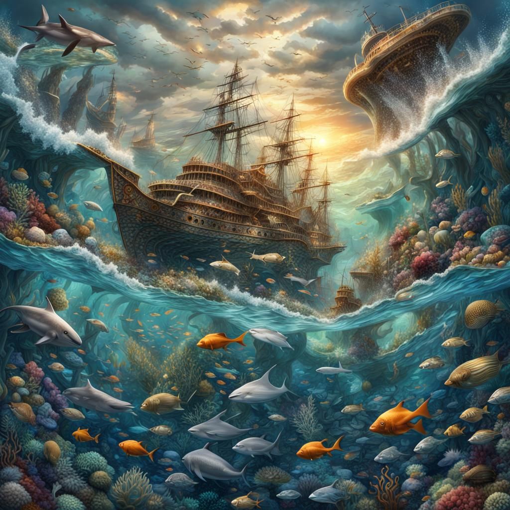 Ocean Life Mosaic: Detailed Digital Matte Painting