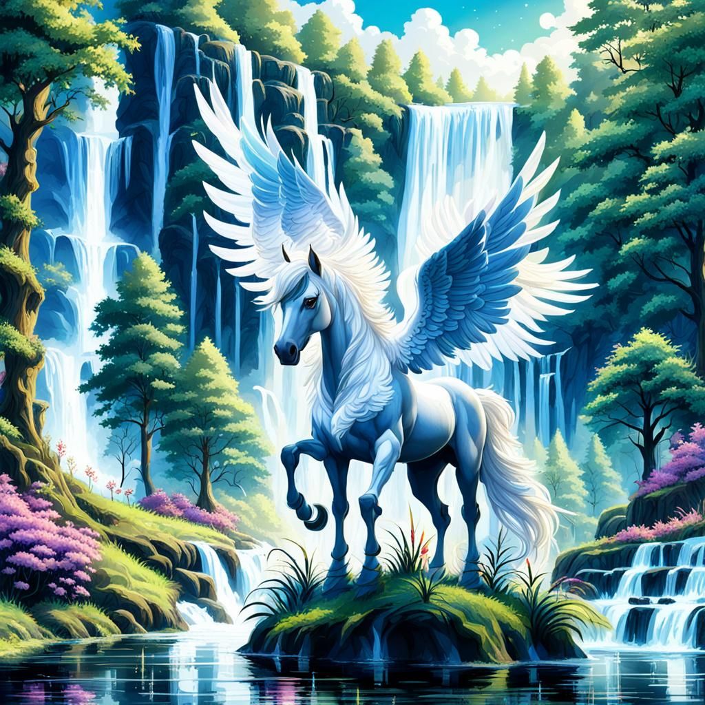 Enchanted Pegasus in Forest Waterfall Scene
