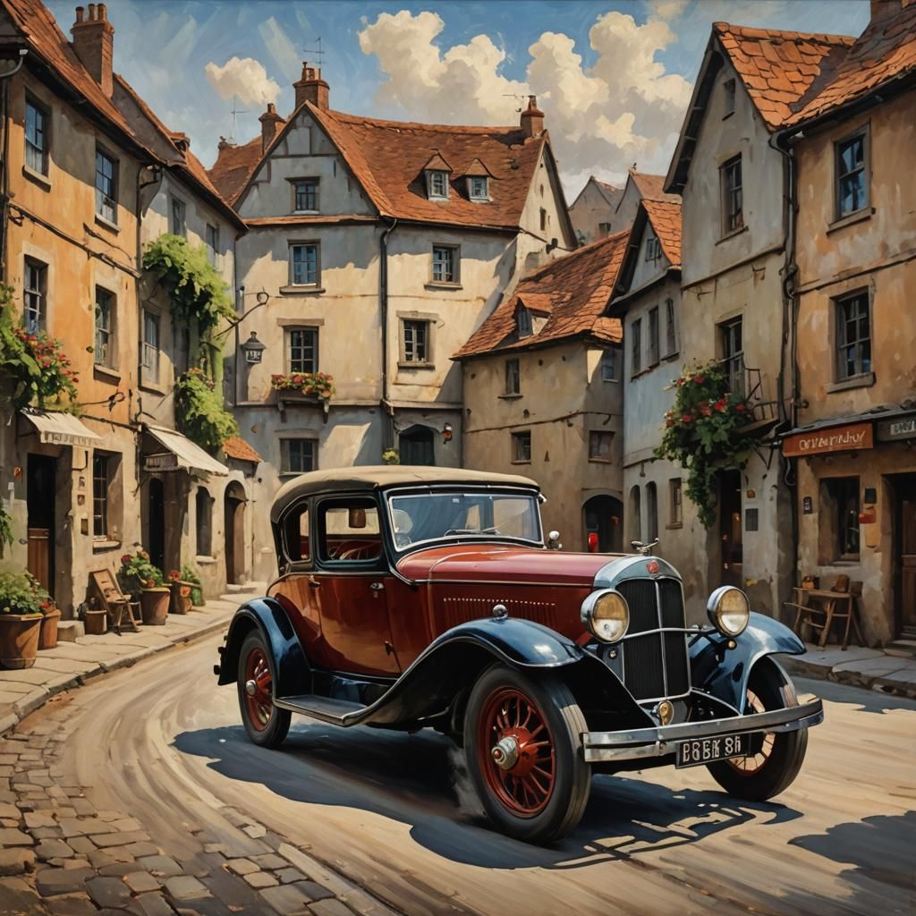 1930s Car in Village, Oil Painting Style