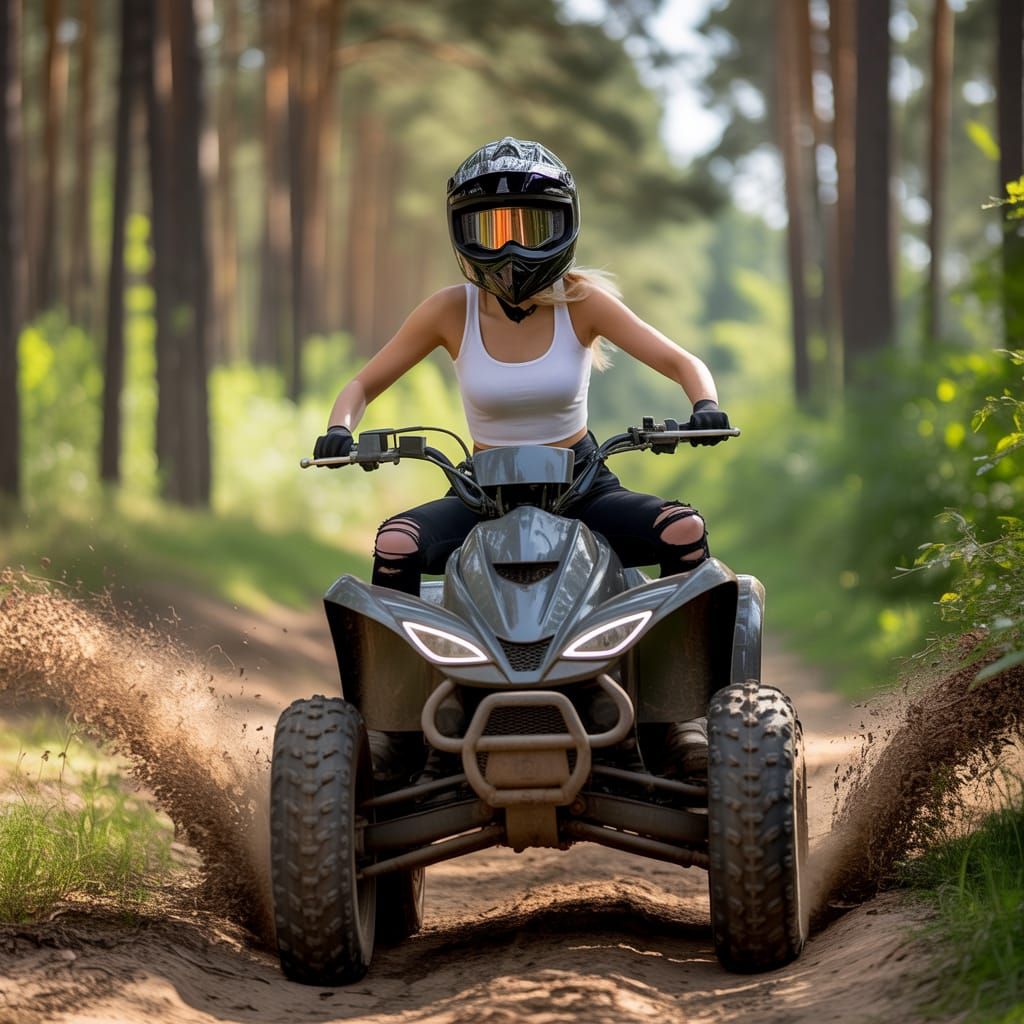 Modern Snow White on ATV in Forest