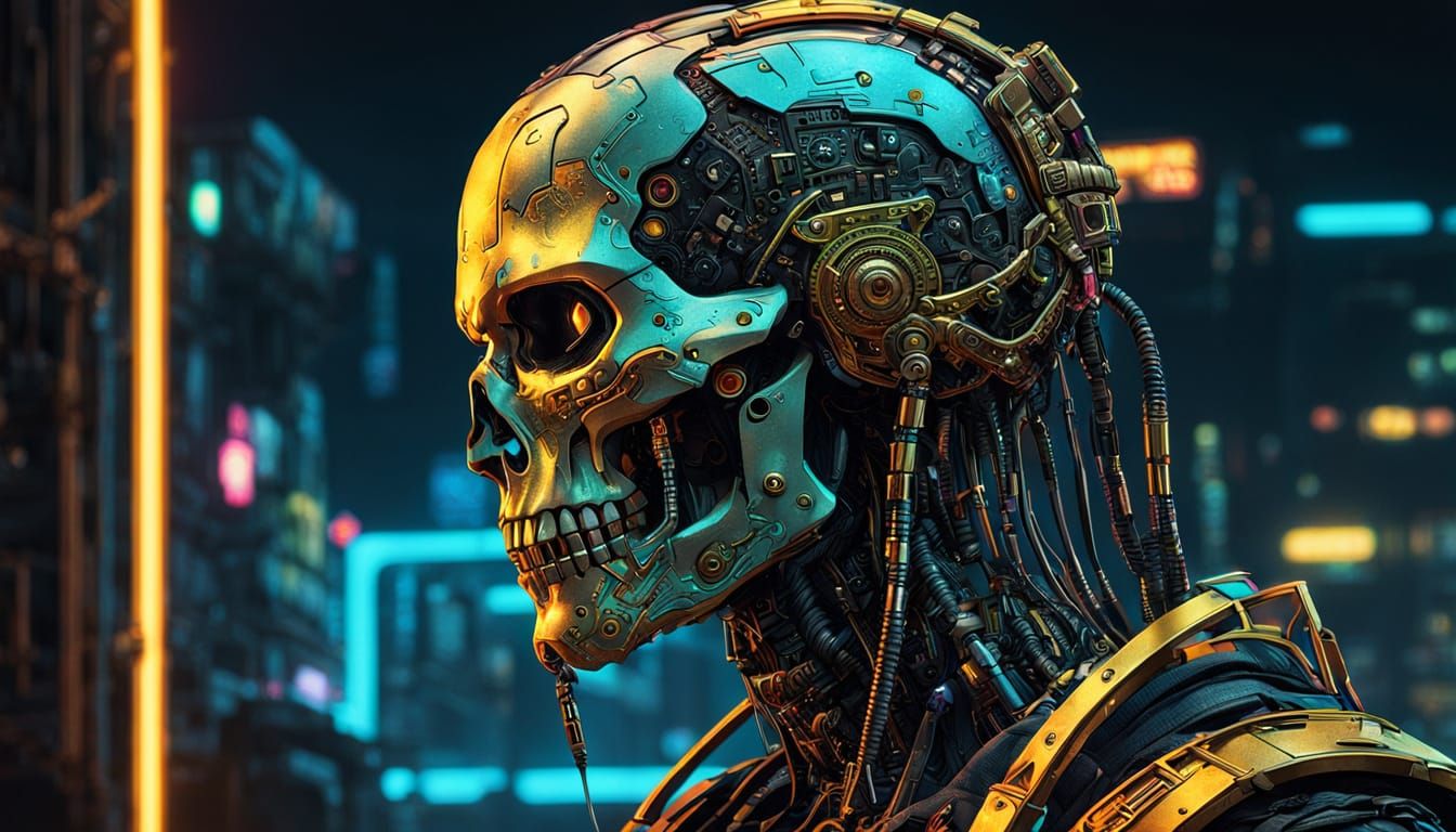Cyberpunk Cyborg Skull in Art Nouveau Style