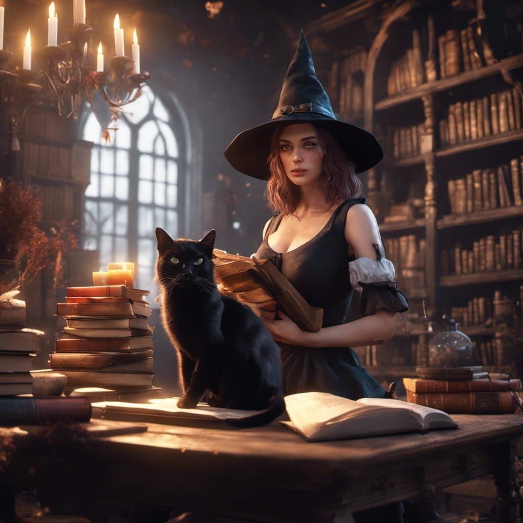 Pretty Witch with Black Cat in 3D Render