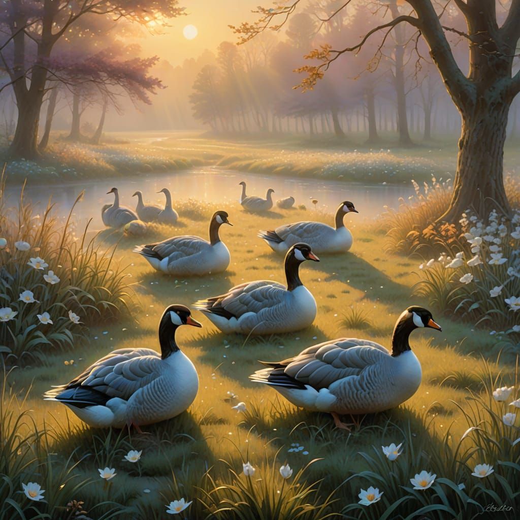 Ethereal Geese Laying Glowing Eggs in Misty Meadow