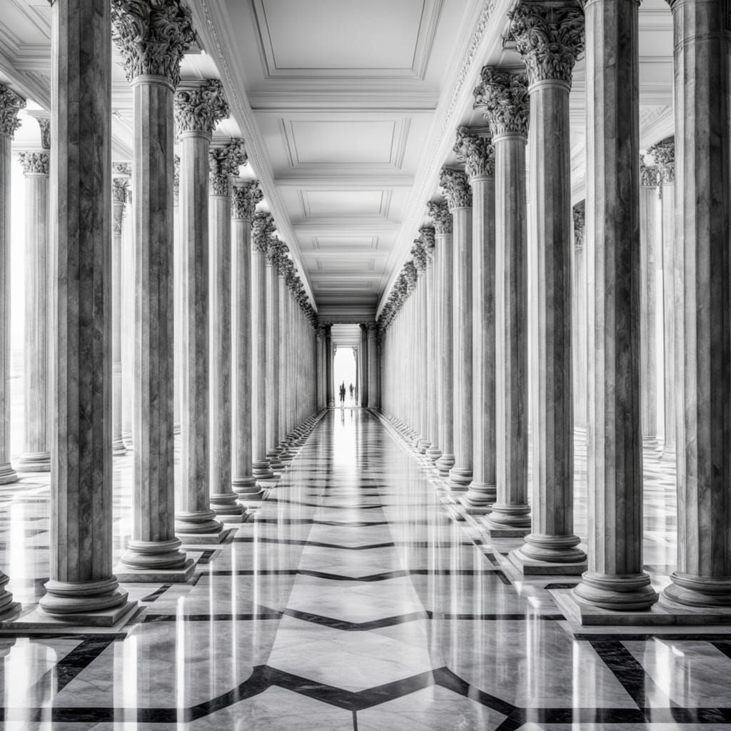 Endless White Marble Corridor with Hypnotic Columns