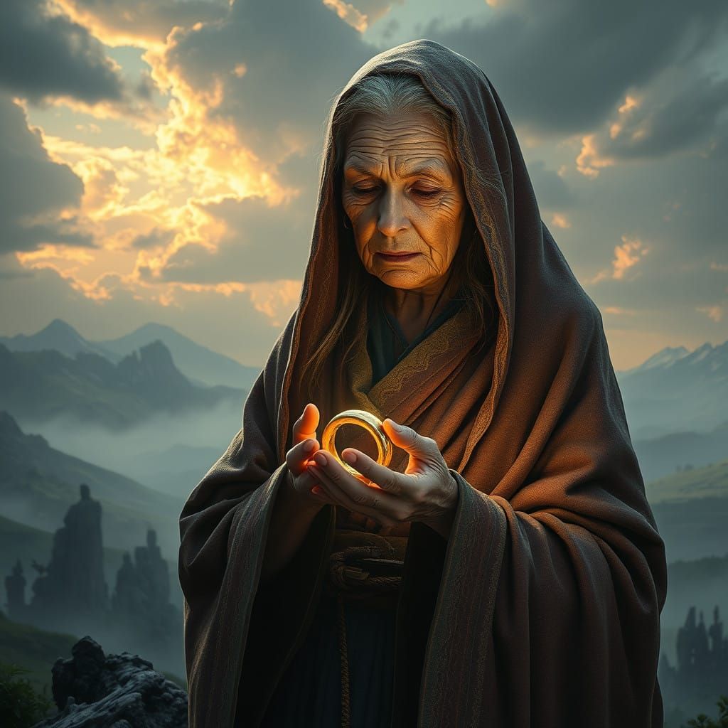 Elderly Woman Holds the One Ring in a Fantastical Landscape