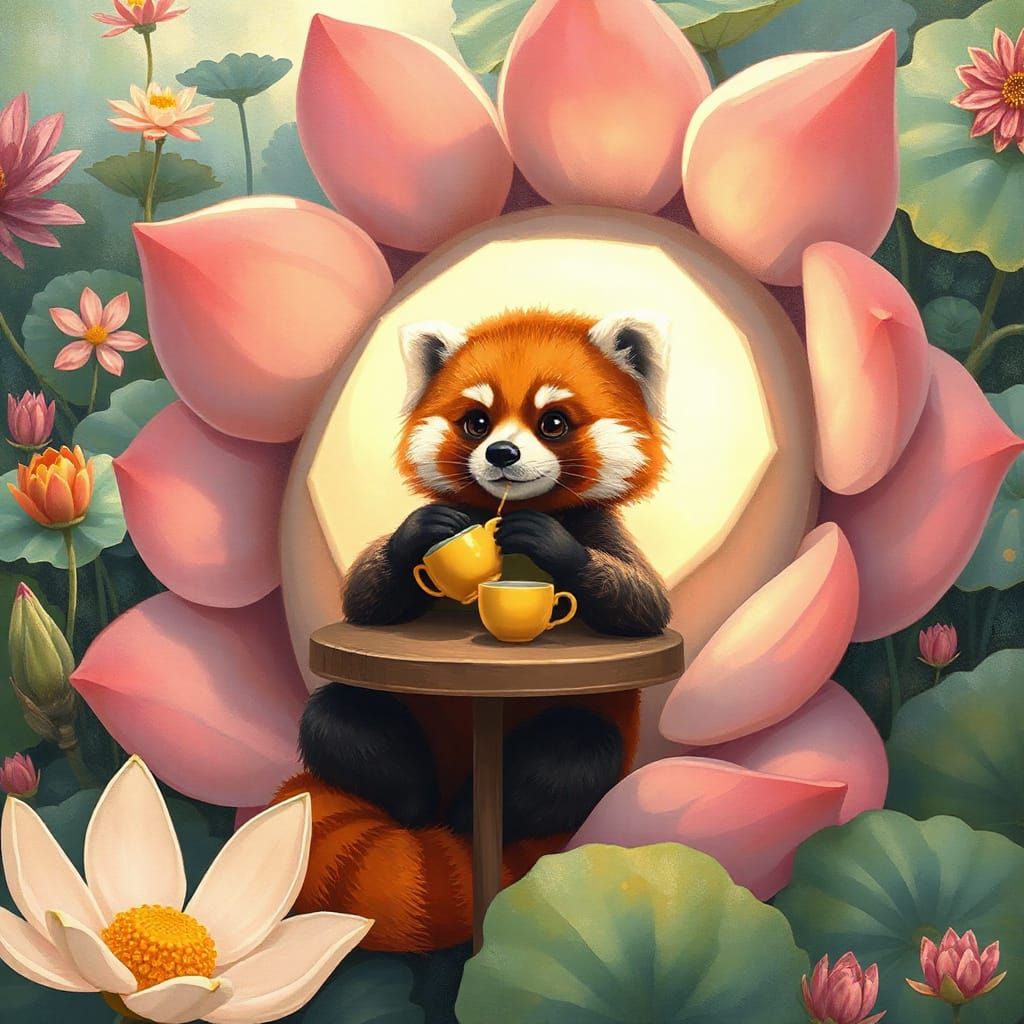 Red Panda Tea Party in a Lotus Flower Garden