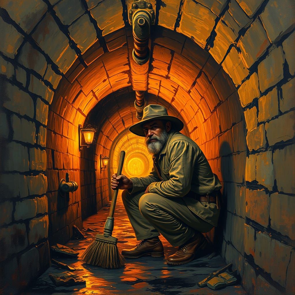 Man Scrubbing Parisian Sewer Tunnels at Sunset