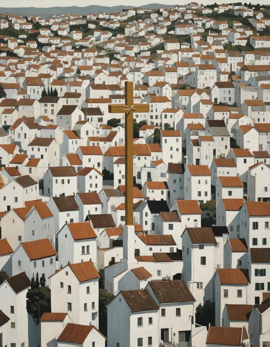 Golden Christian Cross With Bronze Roof Houses Oil Painting