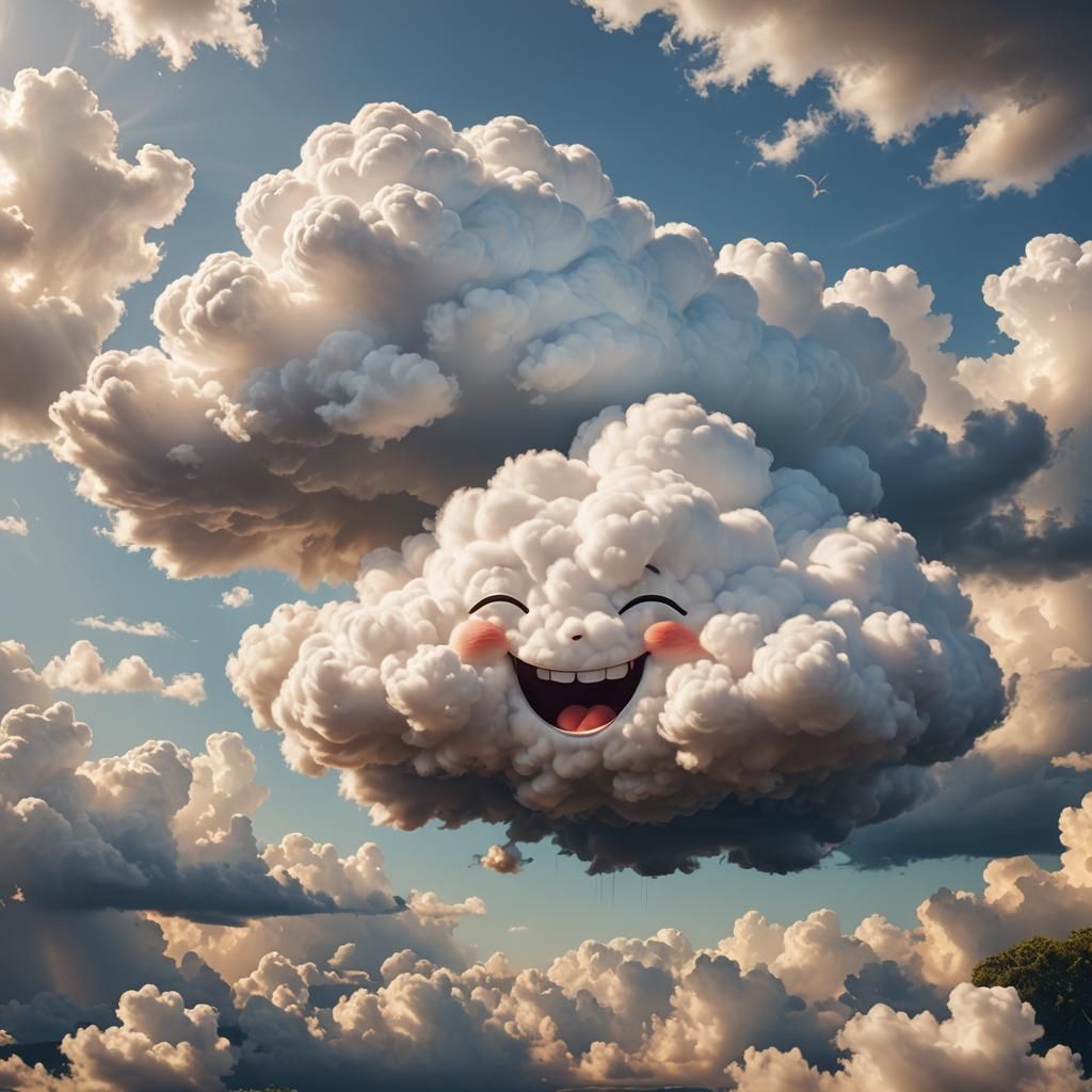 a real fluffy, cute cloud with a cute face, a cloud with a face like a happy child, a beautiful lush and romantic landsc...