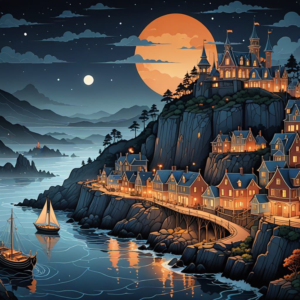 Art Nouveau Coastal Village with Ornate Ship