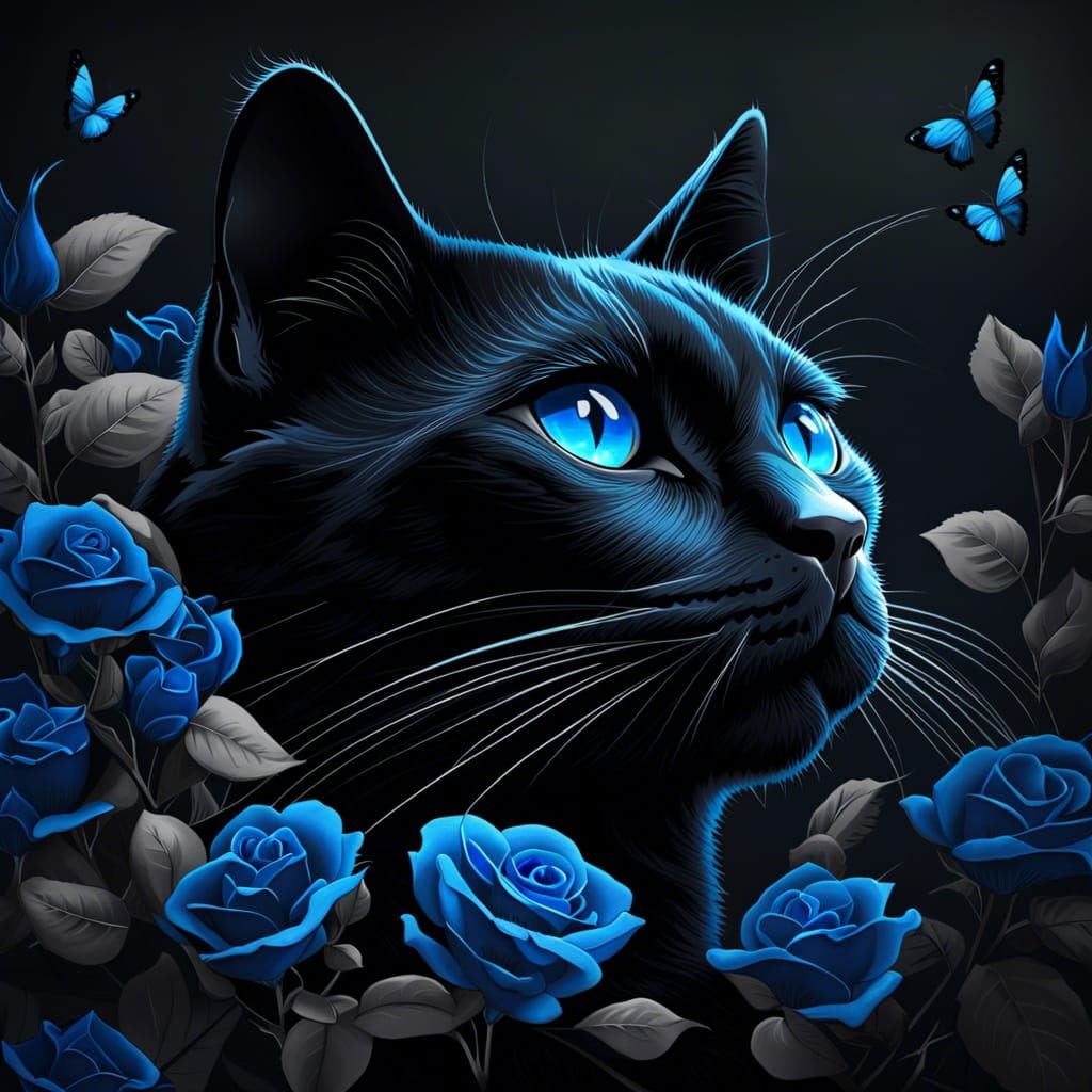 Noir Cat Portrait with Butterfly and Blue Roses