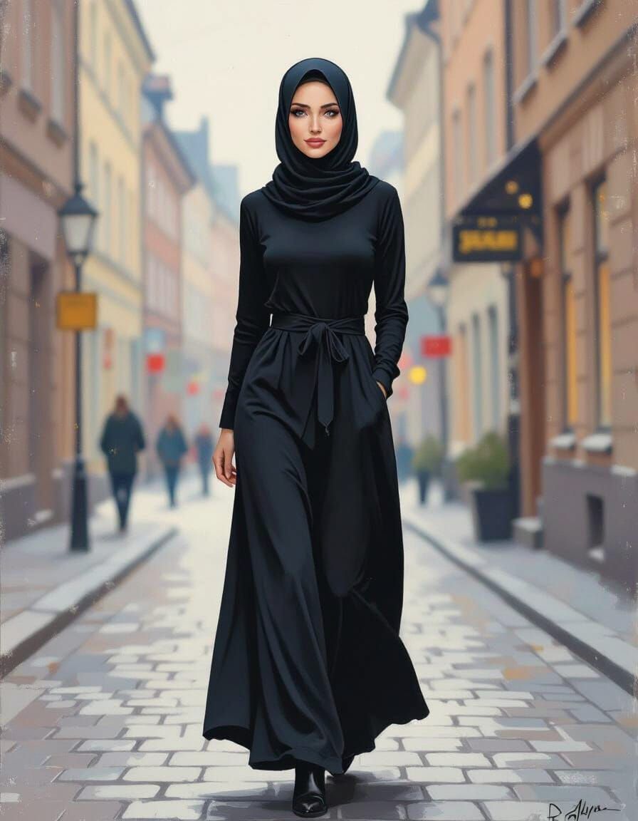 Minimalist Oil Painting of a Smiling Hijabi Woman in Cozy Ci...