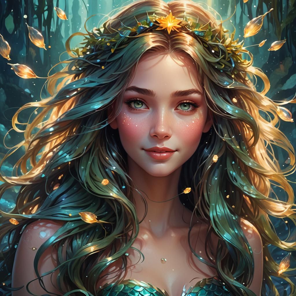 Smiling Mermaid Princess with Fireflies, Art Nouveau Portrai...