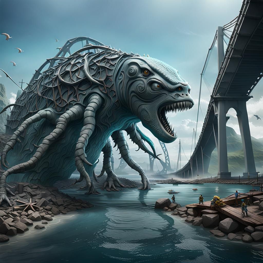 Giant Sea Creatures Repairing Collapsed Bridge