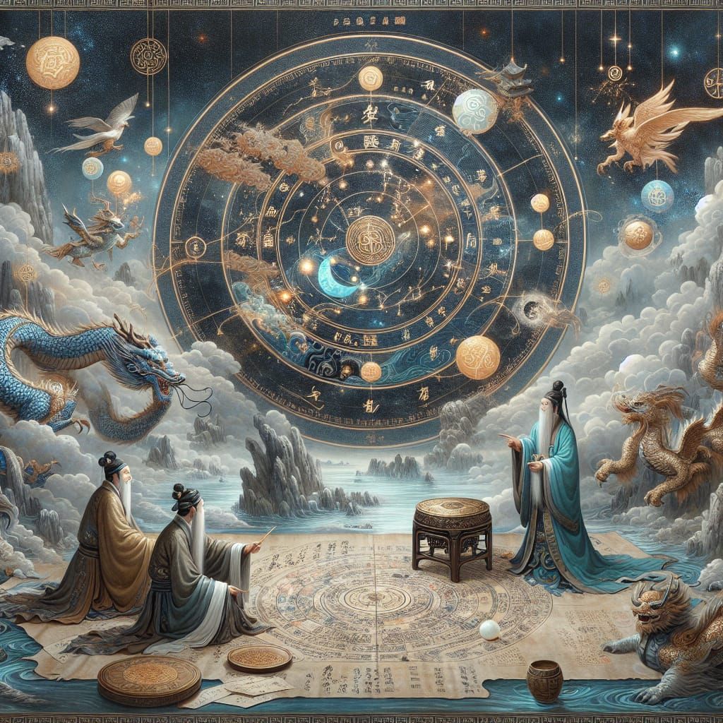 Ancient Chinese Star Map with Dragons and Phoenixes