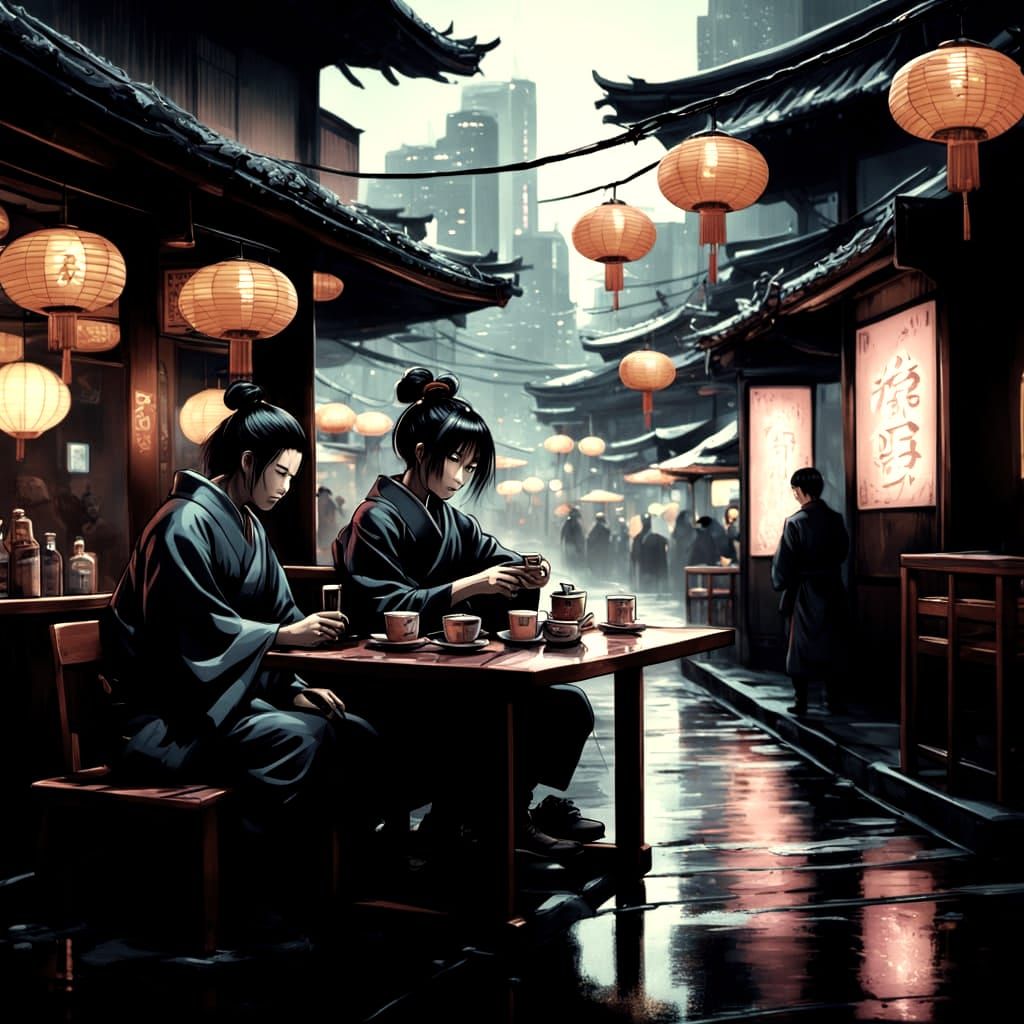 Geisha and Samurai in Retro-Futuristic Tokyo