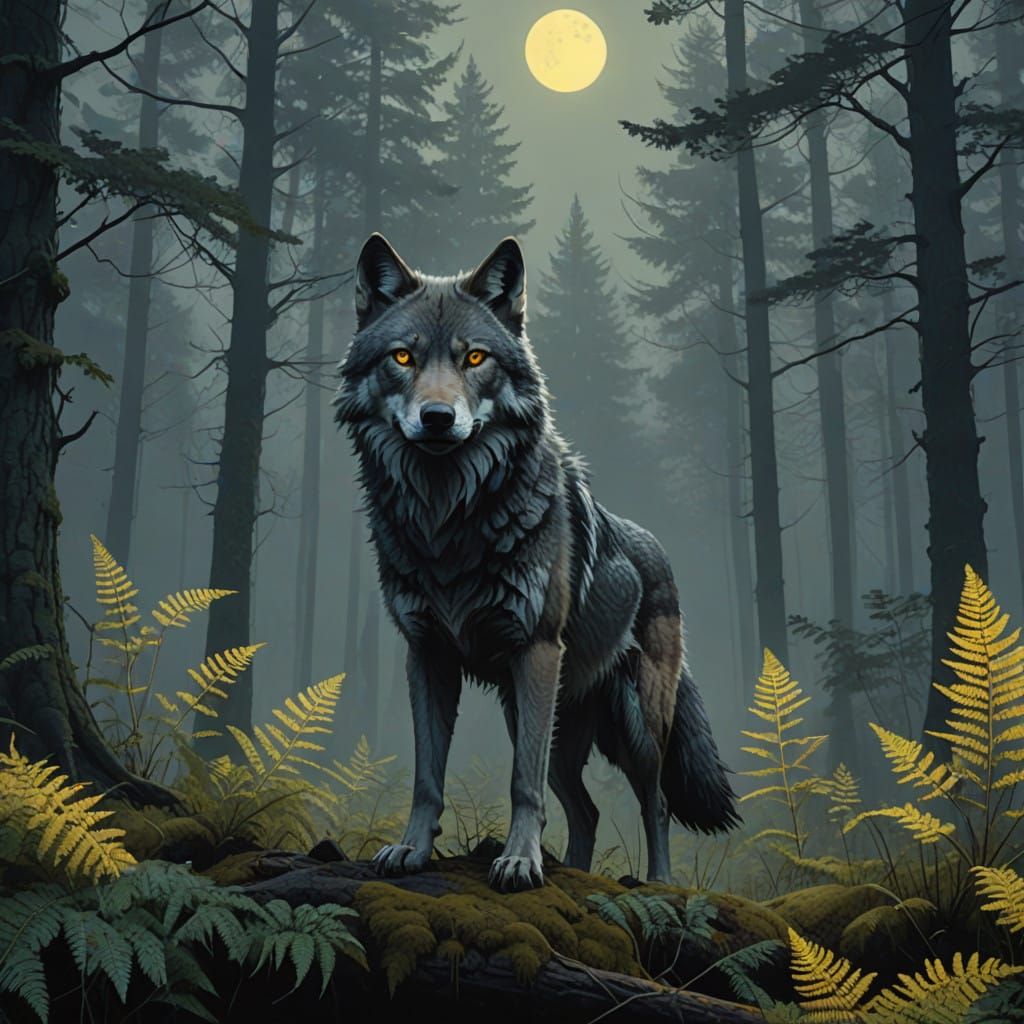 Gray Wolf in Moonlit Forest Landscape
