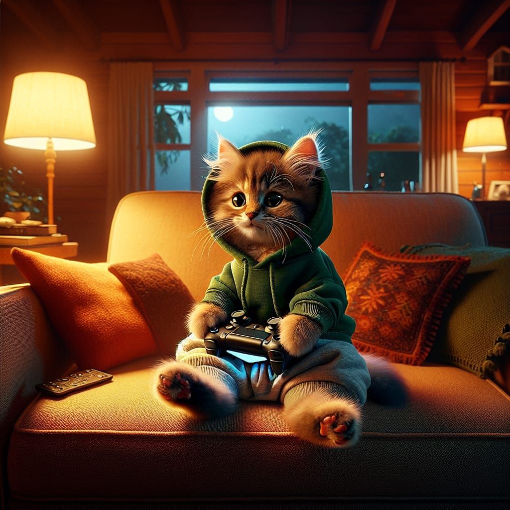 Kitten Gamer in Cozy Bungalow